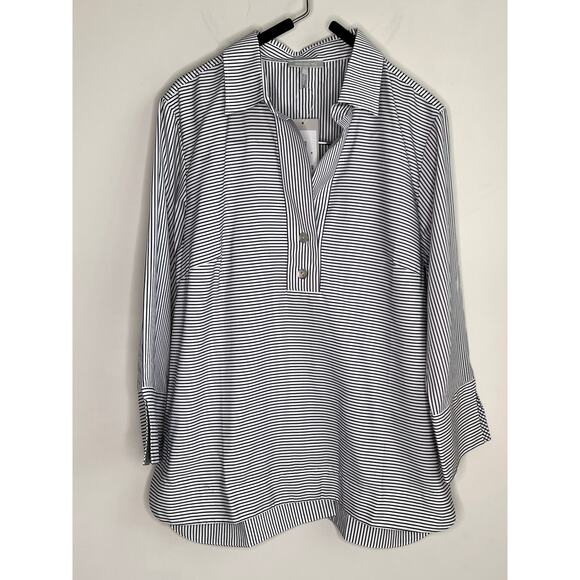 Hinson Wu Aileen Striped 3/4 Sleeve Button Back Popover Shirt Black/White 14 NWT - Picture 2 of 12